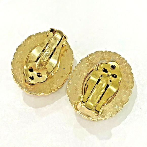 Vintage Whiting & Davis Clip On Earrings Gold Tone Ovals Faceted Topaz Glass - Picture 3 of 4